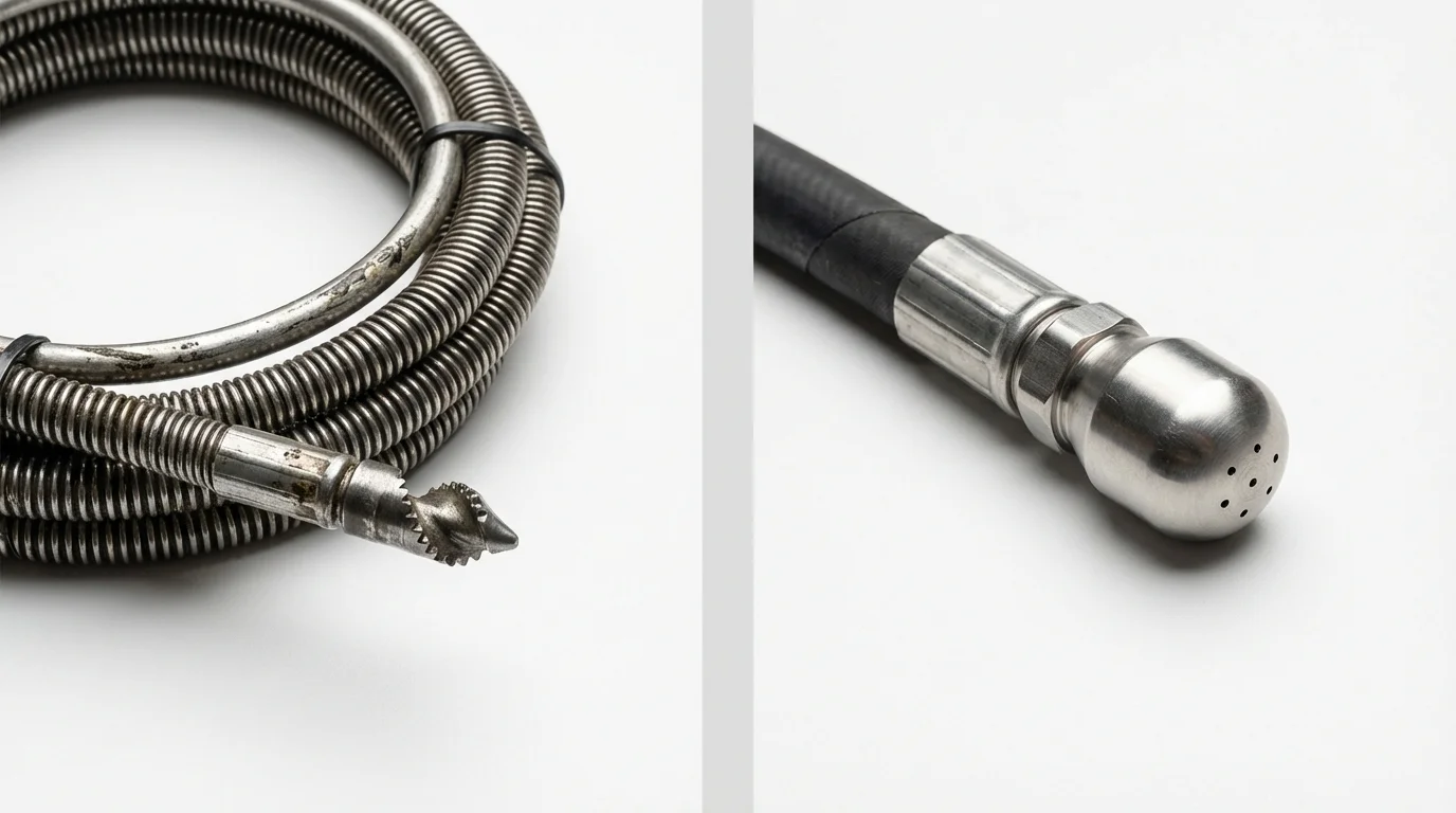 Drain snake cable and hydro jetting nozzle used for drain cleaning in Plainville, CT