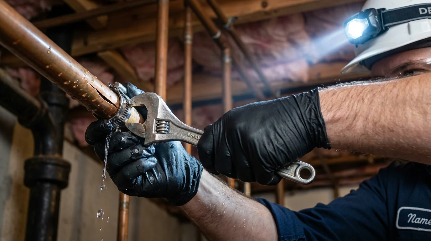 Emergency pipe clamp repair being performed by a Johns Plumbing LLC plumber in Plainville