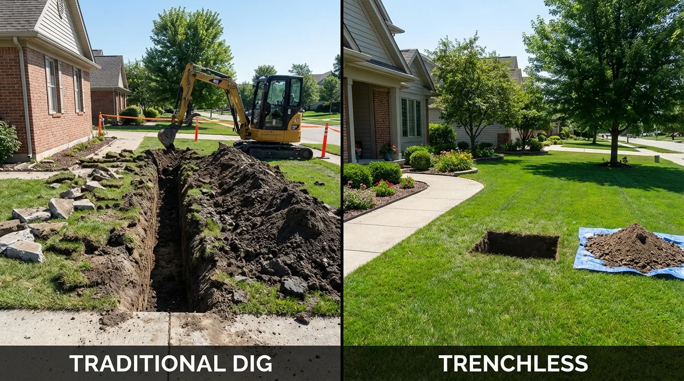Trenchless sewer repair with minimal yard damage versus traditional excavation in Plainville, CT