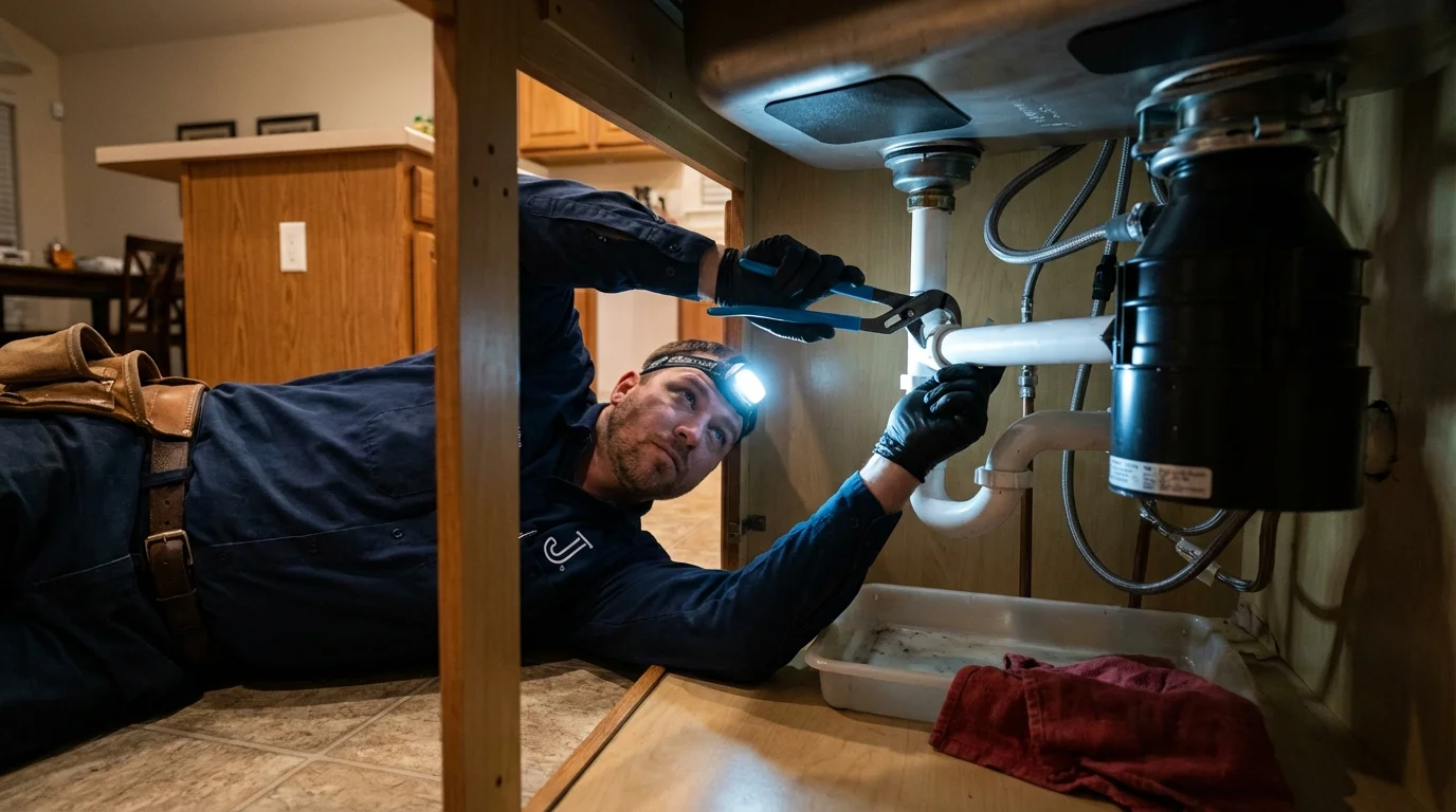 P-trap and supply line connections under a kitchen sink showing a common leak point in Plainville, CT